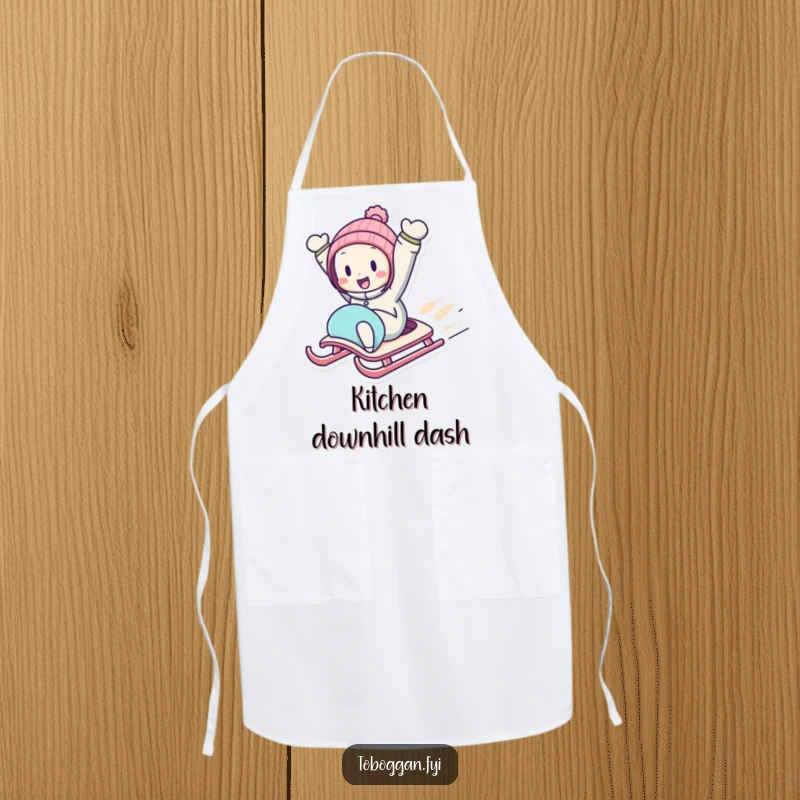 Funny Downhill Sledding Apron with a character zooming downhill on a sled with arms in the air, a humorous kitchen wear.