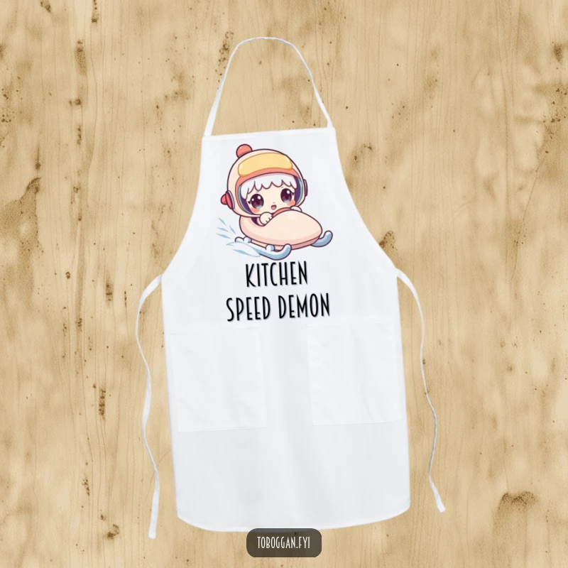 Funny apron showing a character with a surprised expression on a fast sled, ideal for kitchen protection and humor.