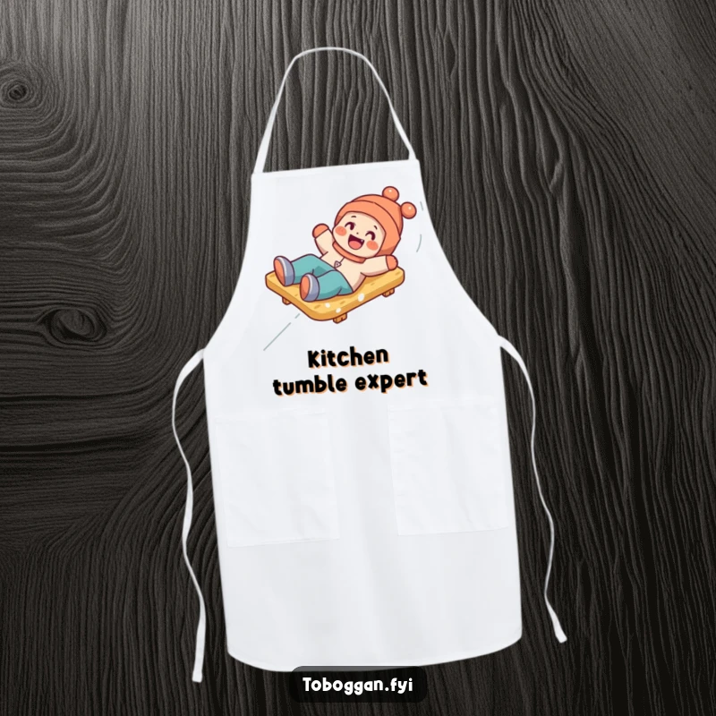 Funny apron showing a happy character comically tumbling playfully off a toboggan, bringing humor to the kitchen.