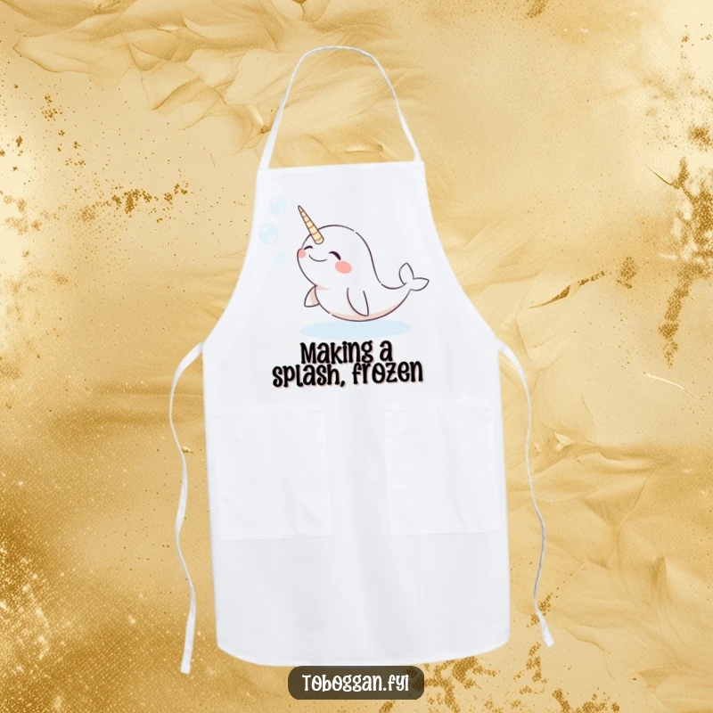 Funny narwhal apron featuring a giggling character comically blowing snow bubbles, ideal for humorous kitchen activities.