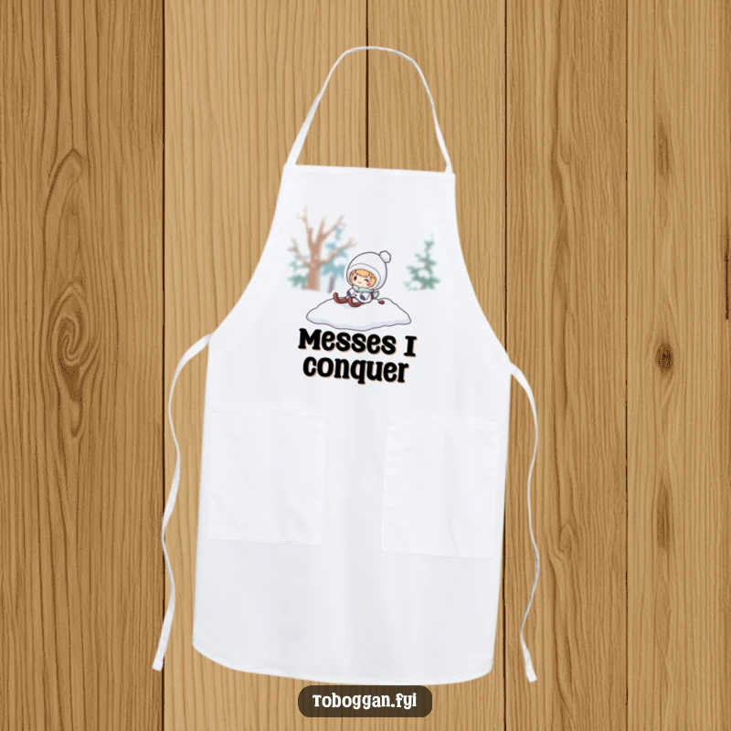 Funny snow sled apron, a character pops out from a snowy sled, bringing playful winter cheer to the kitchen.