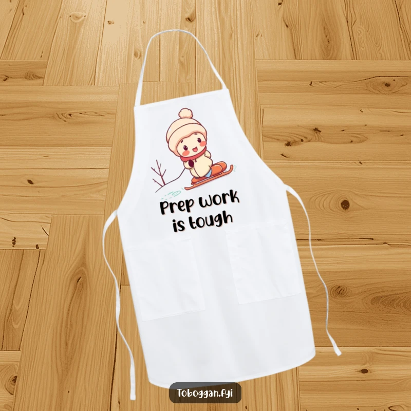 Funny apron displays a character with rosy cheeks, exerting effort to push a sled uphill, humorously relating to the challenges of the kitchen.