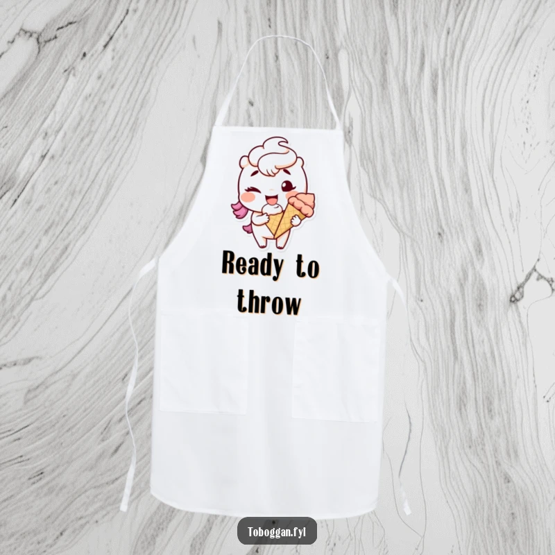Funny character winking with a snowball on a humorous kitchen apron, celebrating playful winter cooking.