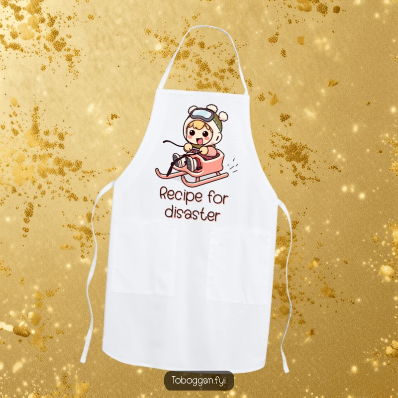 Funny apron showing a character comically failing to steer a sled, perfect for adding humor to cooking.