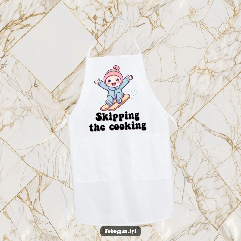 Funny character surfing down a snowy slope on a humorous kitchen apron, celebrating winter cooking.