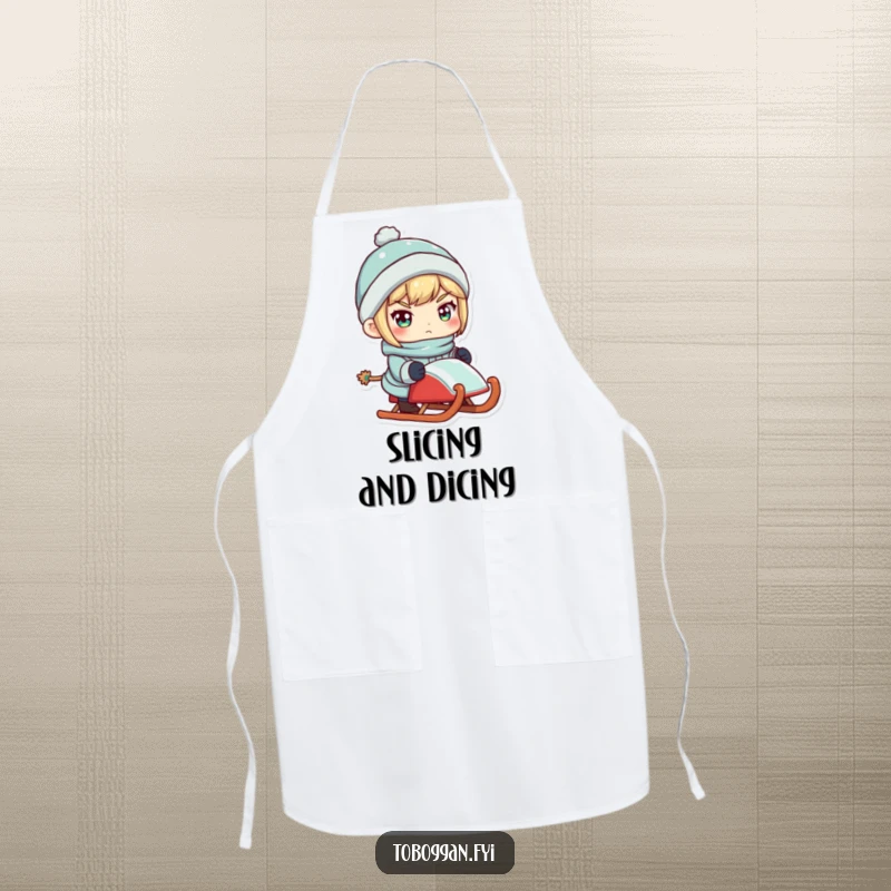 Funny apron design of a determined character holding a sled, ready for winter action.