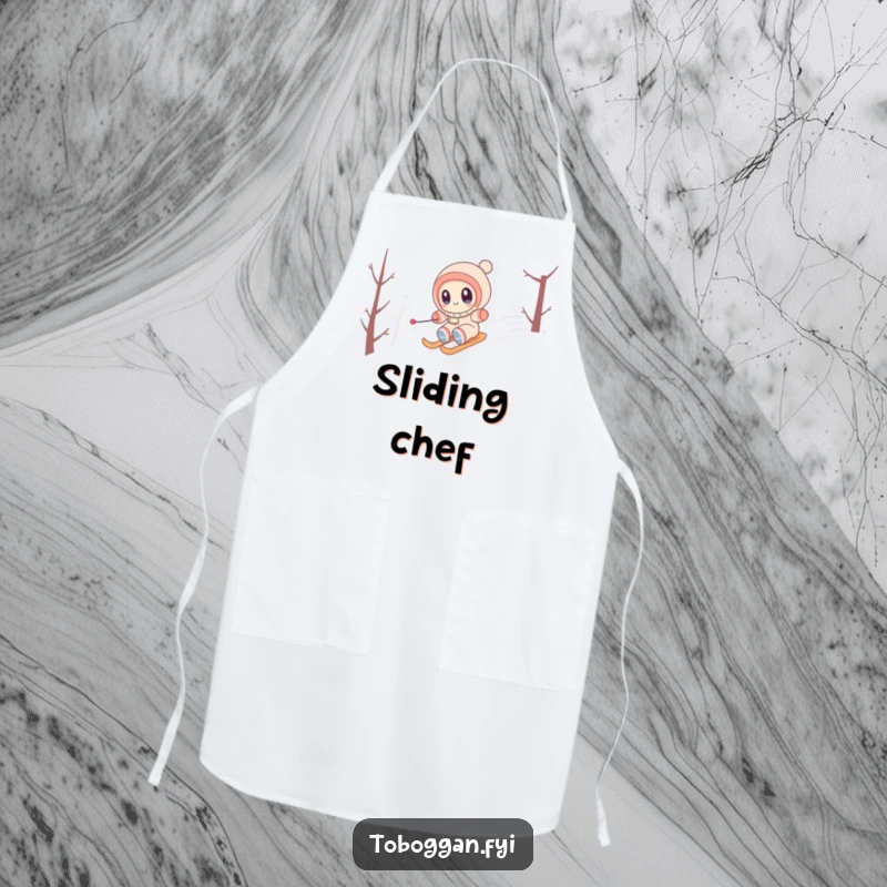 Funny Apron showcasing a cute character with wide eyes, happily zipping down a snowy hill, ready for culinary adventures.