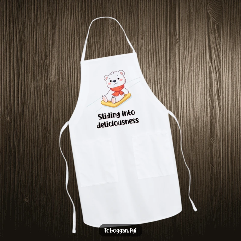 Funny Polar Bear Apron: A cheerful polar bear cub wearing a small scarf slides down an icy slope, bringing delightful winter humor to the kitchen.