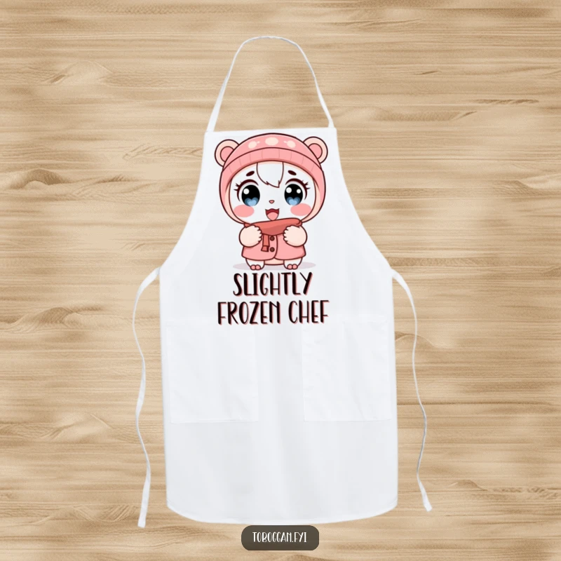 Funny apron featuring a cartoon character with wide eyes and puffed cheeks in the cold, perfect for kitchen humor.