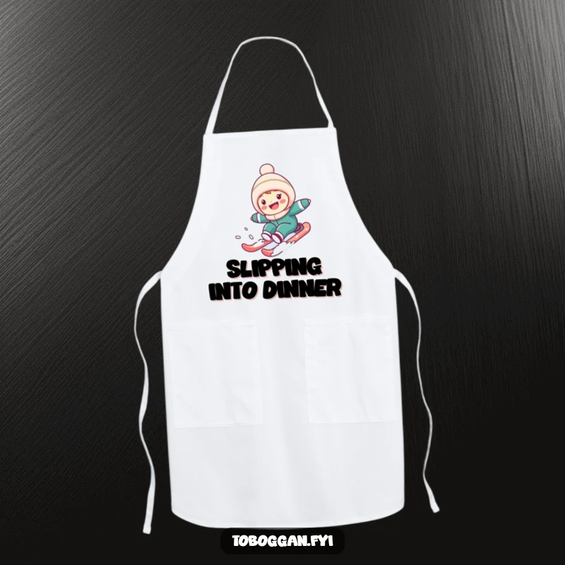 Funny Apron: Cute character sledding down a snowy hill, perfect for kitchen duties with a humorous and adventurous winter theme.