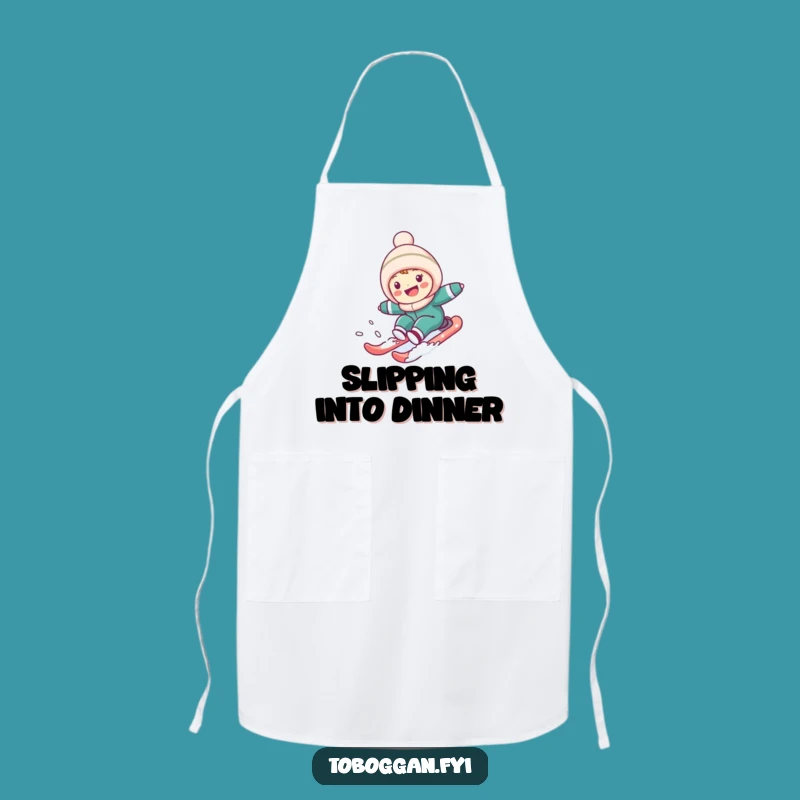 Funny Snowy Hill Sledding Apron: Cute Character's Kitchen Descent, Hilarious Cooking Gift!