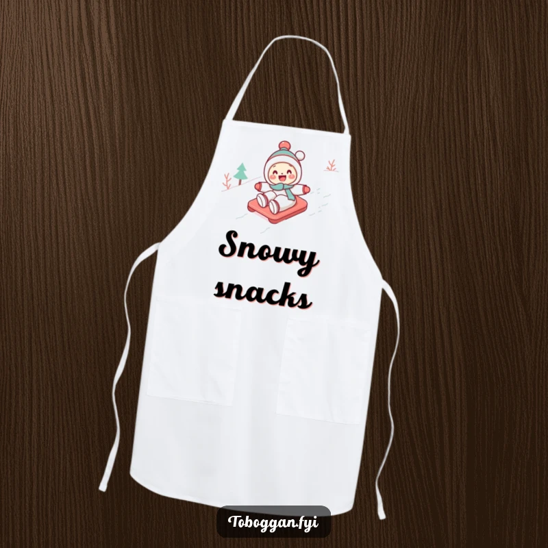 Funny Toboggan Apron: A cute character gleefully toboggans down a snowy slope, perfect for adding humor to cooking.