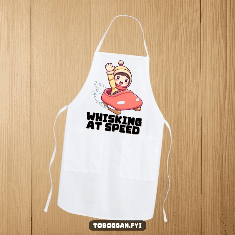 Funny Apron: Character speeding on a toboggan, ideal for kitchen protection with a side of humorous action.