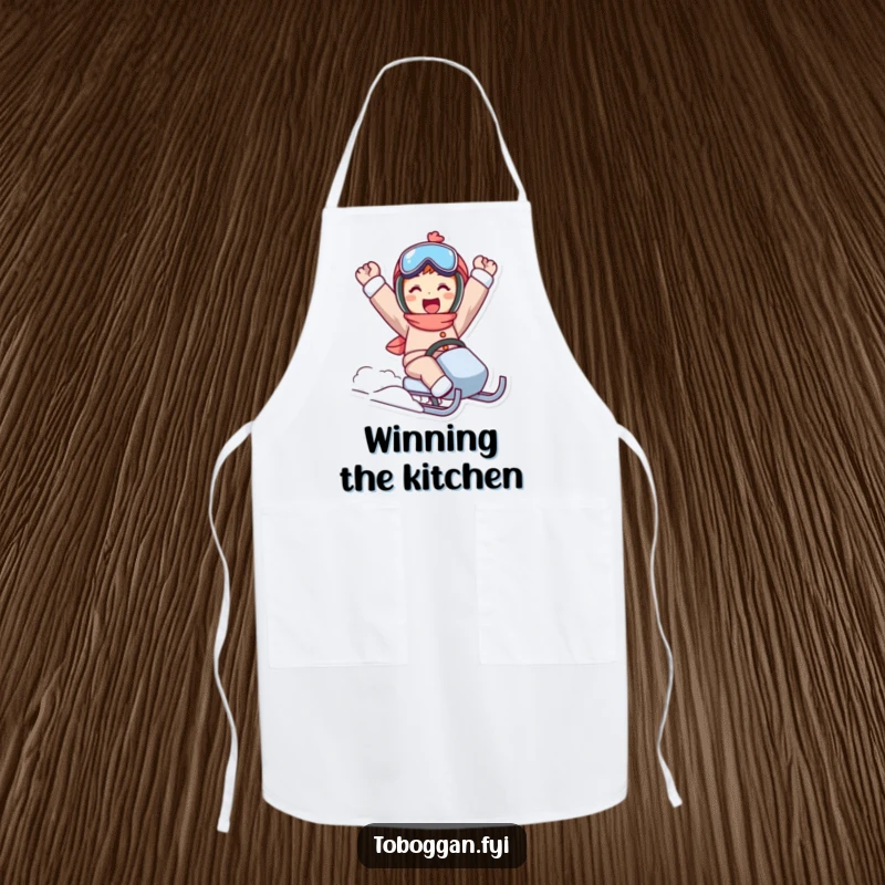 Funny sled ride apron showing a character in a triumphant pose, ready for kitchen challenges.