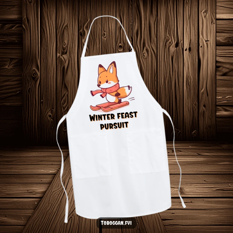 Funny apron featuring a determined fox in a scarf, comically chasing a runaway toboggan, for kitchen humor.