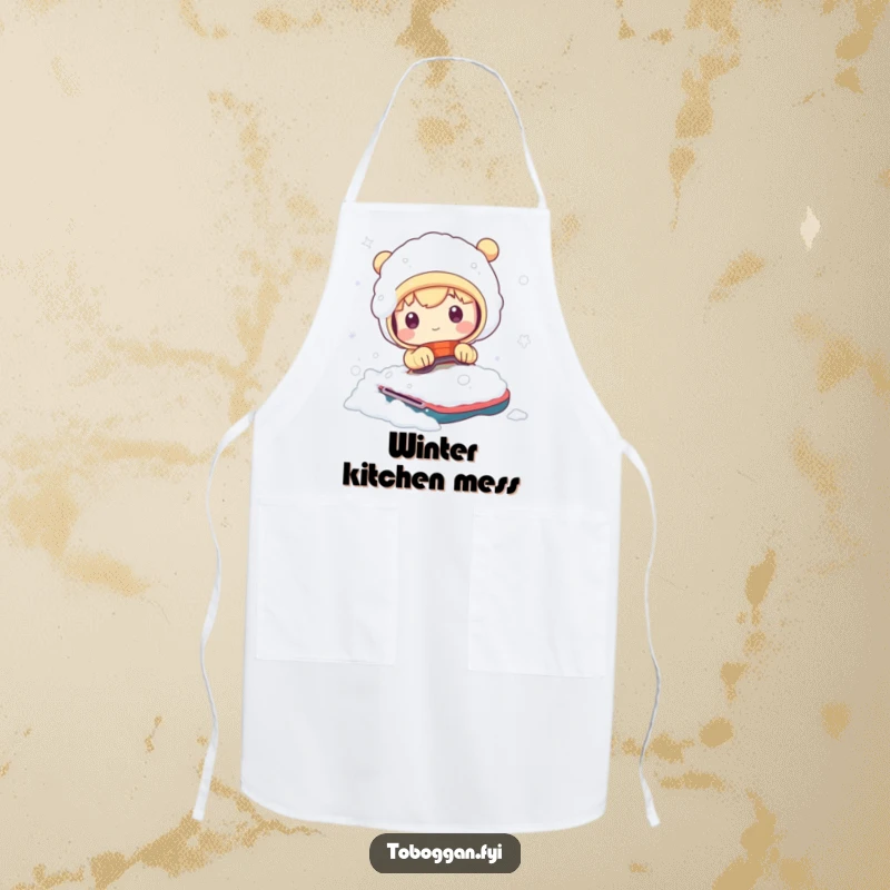 Funny apron with a cute character comically covered in snow after a ride, ready for hilarious snowy kitchen activities.