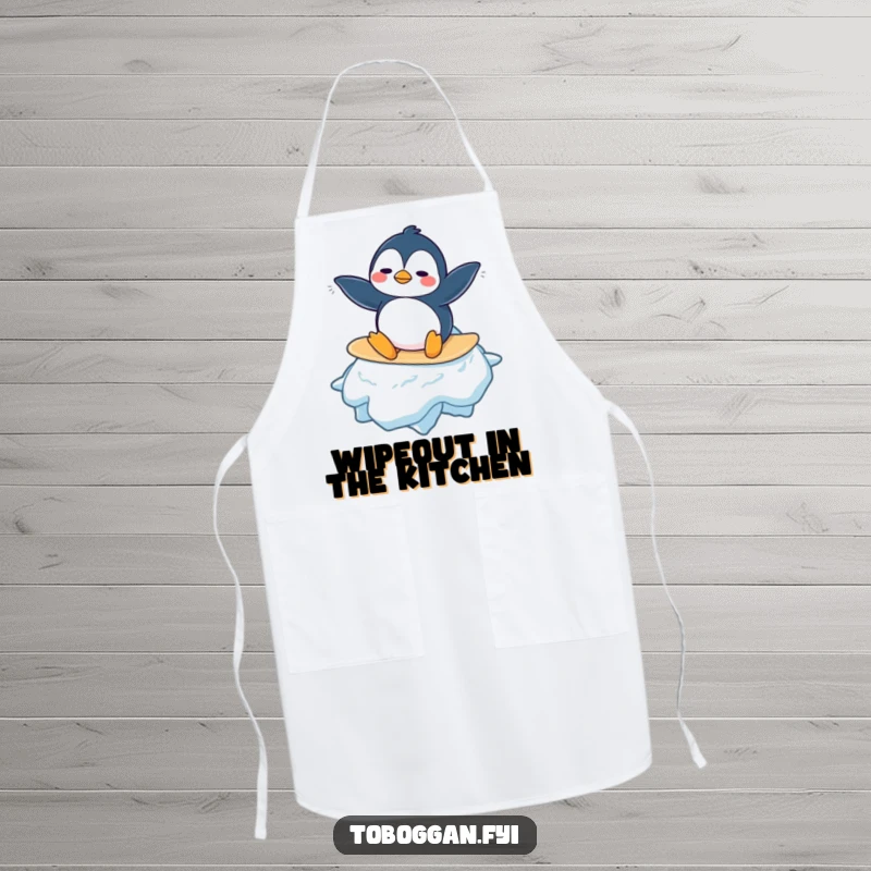 Funny Penguin Apron: A confused penguin character attempts to surf on a large snowflake, bringing humorous arctic vibes to the kitchen.
