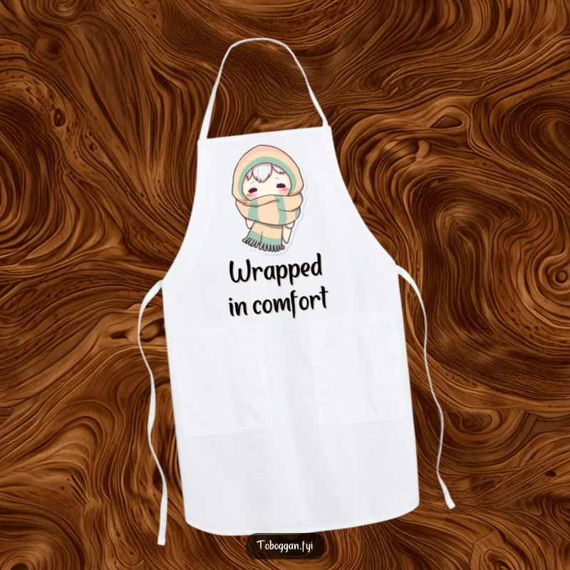 Funny apron design featuring a character hilariously peeking out from a tangle of a large, winter scarf.