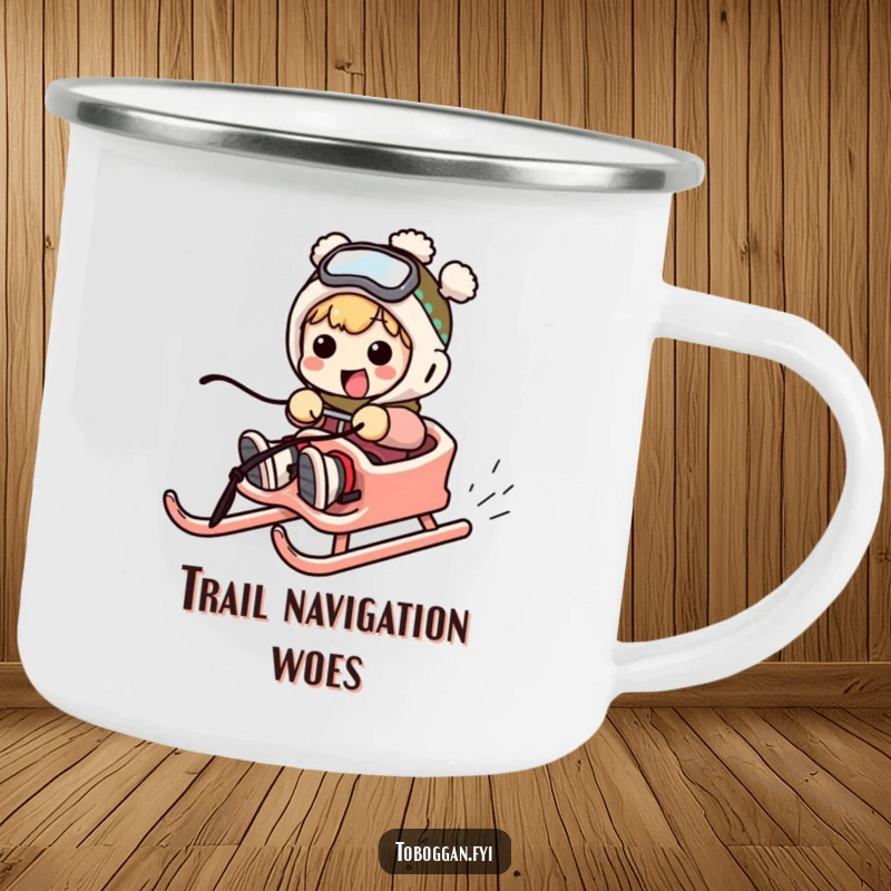 Funny camping mug with a character comically failing to steer a sled, ideal for outdoor enthusiasts.