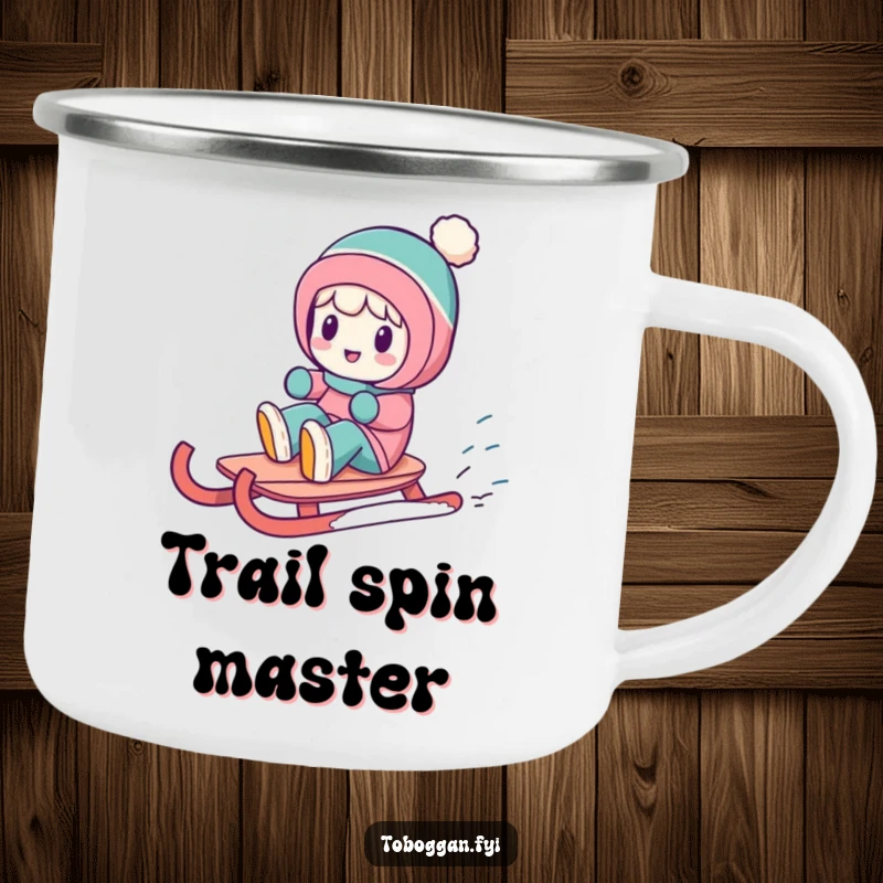 Funny camping mug with a character doing a funny spin on a sled, perfect for outdoor enthusiasts.