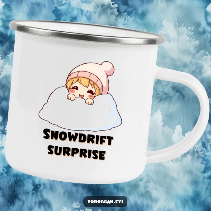Funny camping mug with a character peeking with a giggle from a snowdrift, ideal for outdoor enthusiasts.
