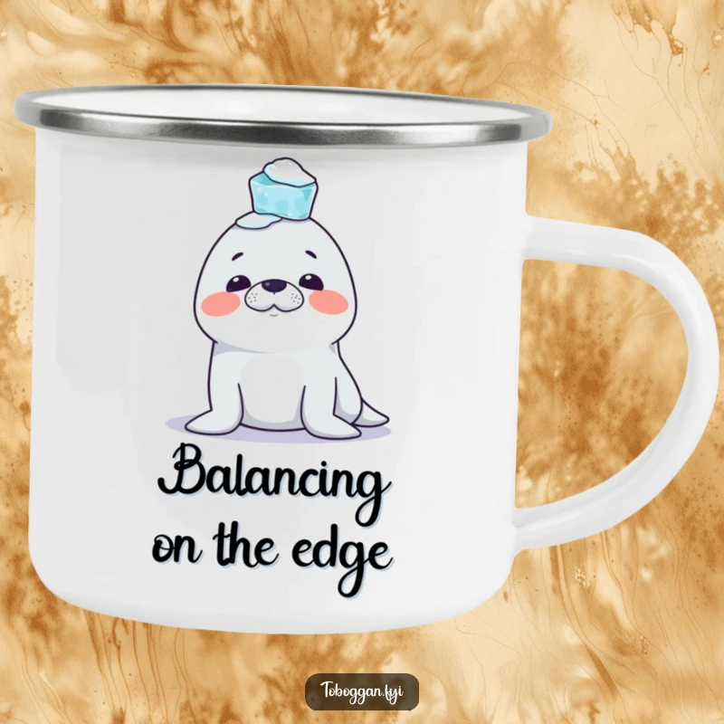 Funny Seal Camping Mug: A mischievous seal character attempts to balance icicles on its nose during an outdoor scene, adding playful humor.
