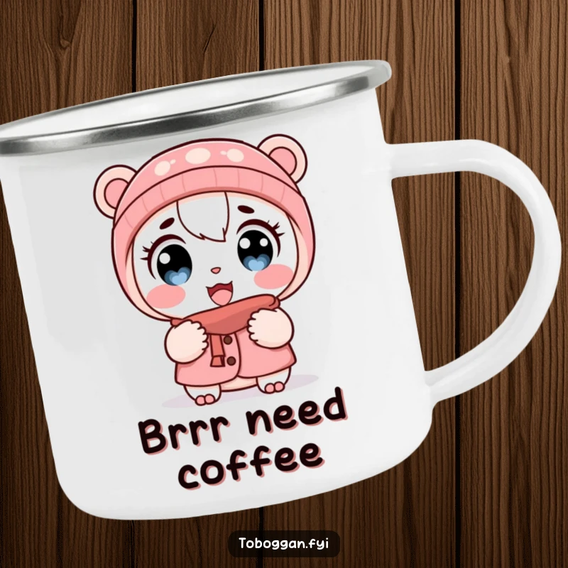 Funny camping mug featuring a cartoon character with wide eyes and puffed cheeks in the cold, perfect for outdoor drinks.