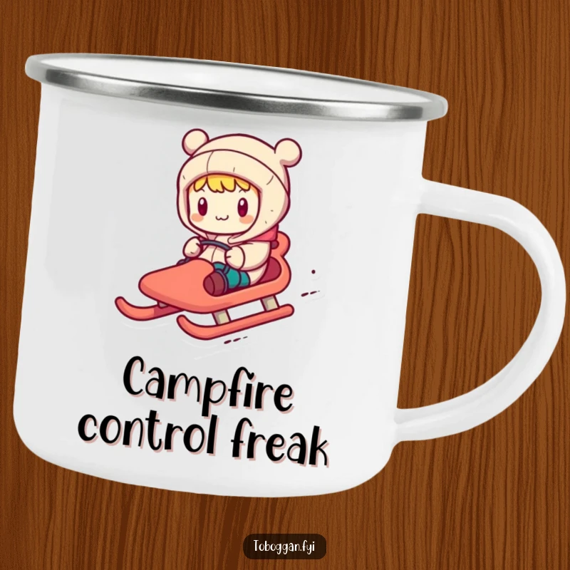 Funny camping mug featuring a character comically steering a toboggan with exaggerated motions, perfect for outdoor adventures.