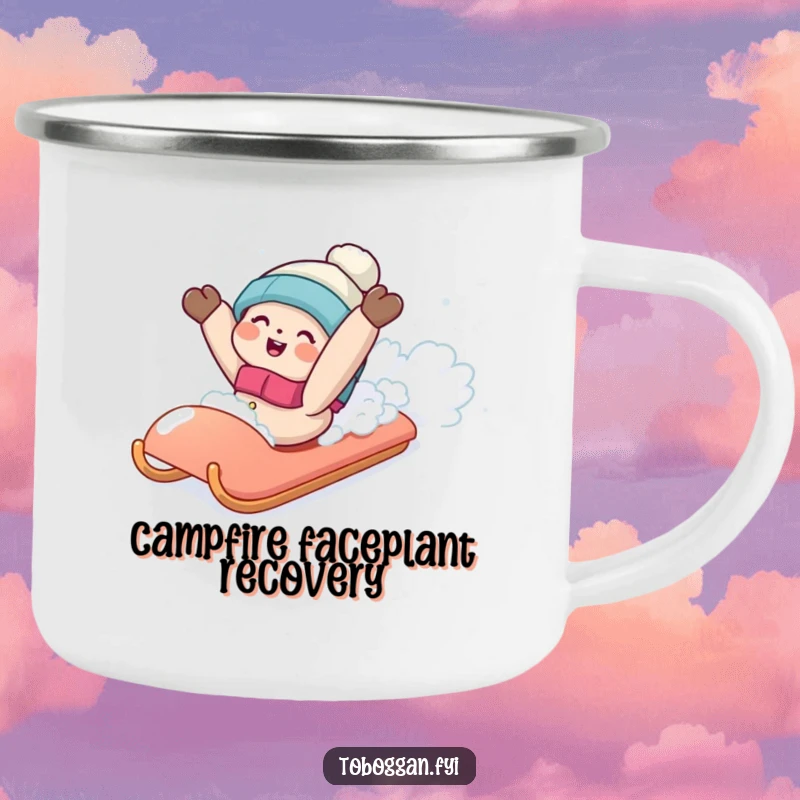 Funny camping mug with a character playfully tumbling backwards off a sled into a fluffy snowbank, perfect for outdoor fun.
