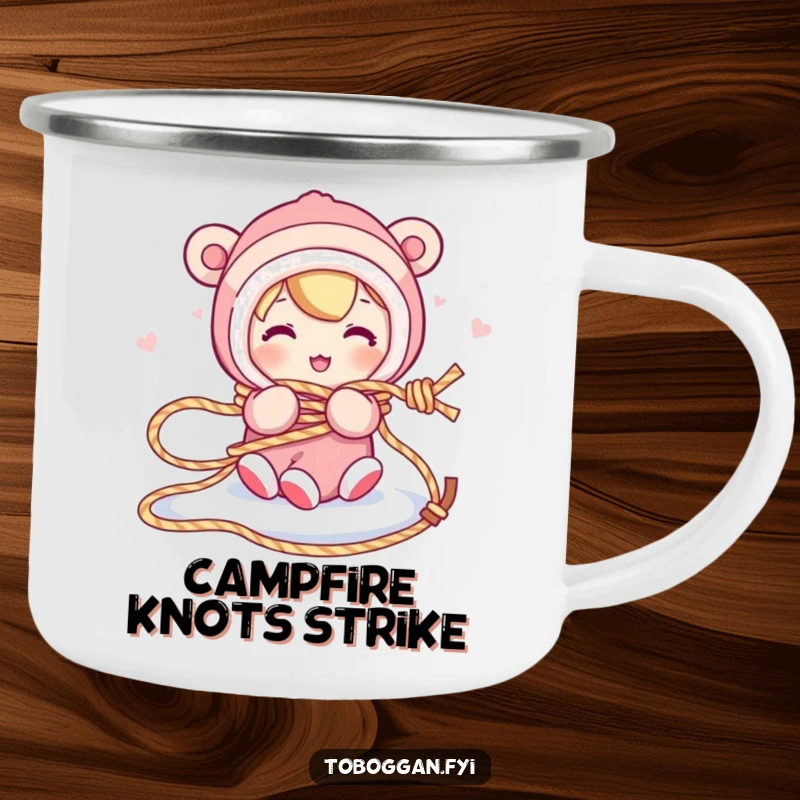 Funny camping mug shows a character comically tangled in a sled rope, representing humorous outdoor mishaps and relatable struggles.