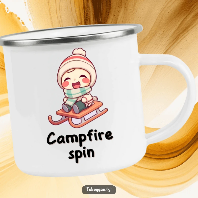 Funny character wearing a tiny scarf laughs as their sled spins on a camping mug.