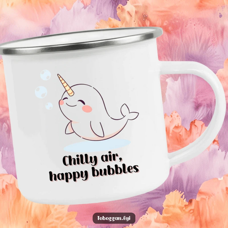 Funny narwhal camping mug with a giggling character comically blowing snow bubbles, perfect for outdoor humor.