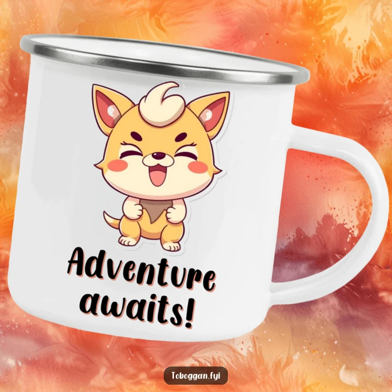 Funny determined character camping mug, durable enamelware featuring an excited character with a determined expression.