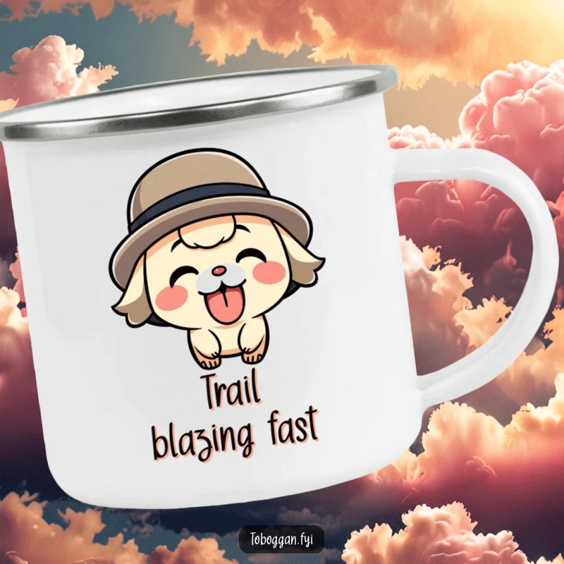 Funny speeding character camping mug, durable enamelware featuring a playful character sticking its tongue out while speeding.