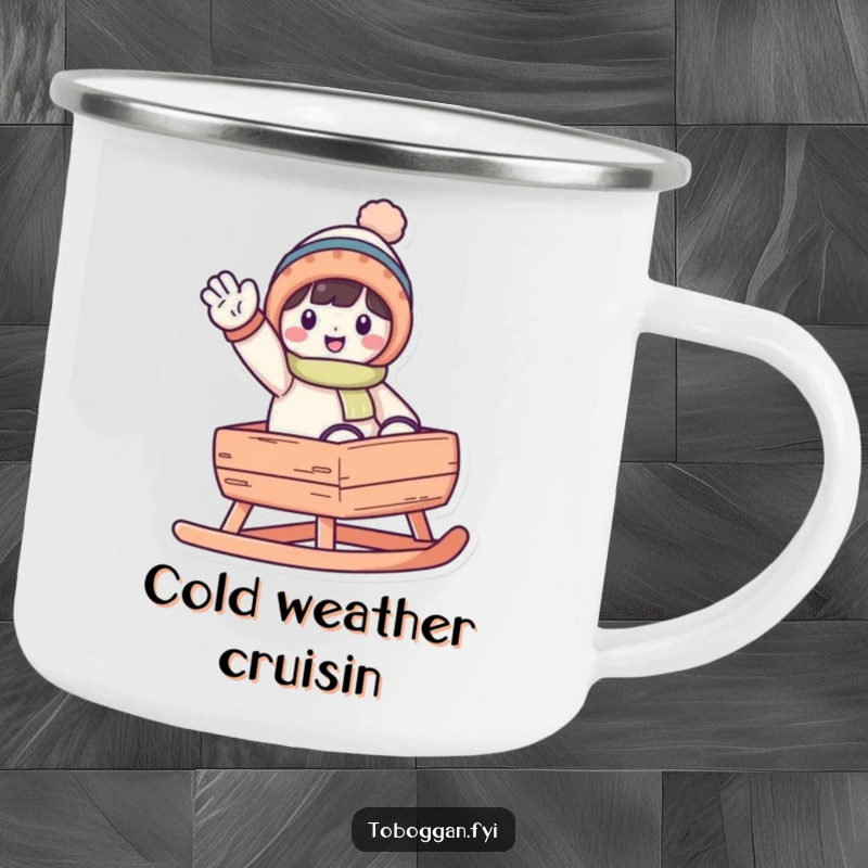 Funny waving toboggan camping mug, durable enamelware featuring a cheerful character waving from the back of a toboggan.