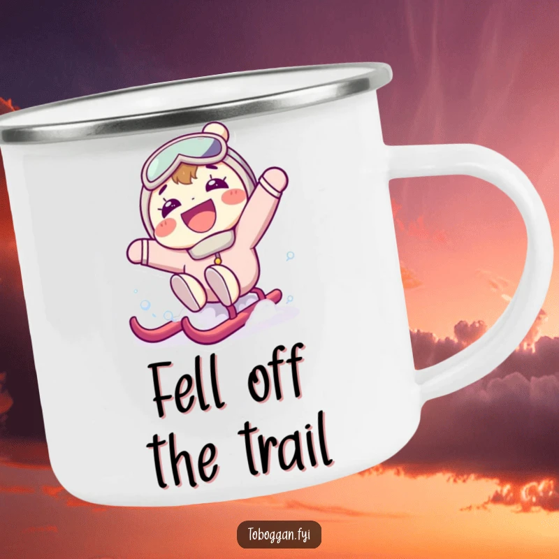 Funny camping mug featuring a character with a big grin, falling backward off a sled in surprise, ideal for outdoor winter excursions.