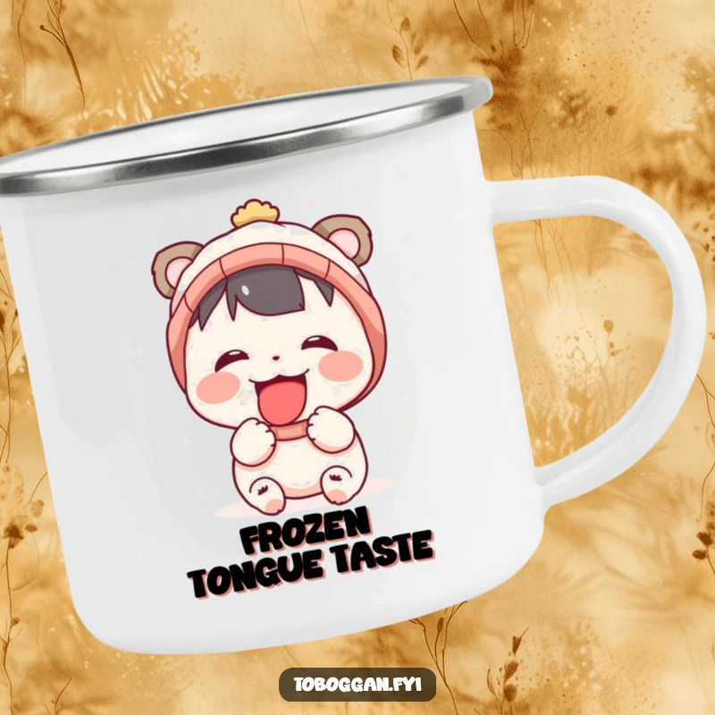 Funny camping mug with a character gleefully catching snowflakes on its tongue, perfect for outdoor winter enjoyment.