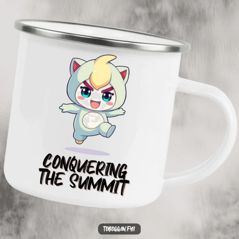 Funny camping mug featuring a character in a determined, playful jump, perfect for enjoying drinks during outdoor activities.