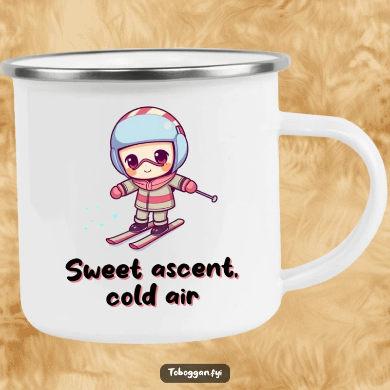 Funny candy cane camping mug featuring a determined character comically skiing uphill, perfect for rugged humor.