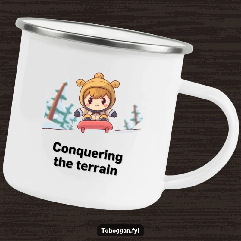 Funny character racing down a steep toboggan run on a sturdy camping mug, inspiring determination.