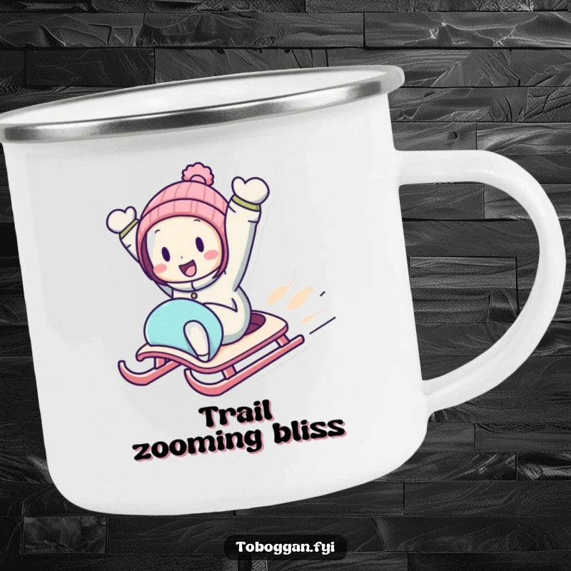 Funny Downhill Sledding Camping Mug with a character zooming downhill on a sled with arms in the air, perfect for outdoor fun.