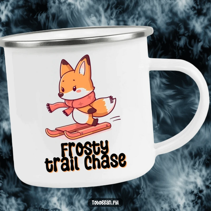 Funny camping mug showing a determined fox in a scarf, comically chasing a runaway toboggan, for outdoor laughs.