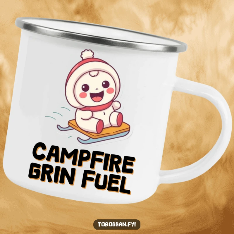 Funny camping mug featuring a character with a wide grin sliding on a sled, perfect for outdoor enjoyment.