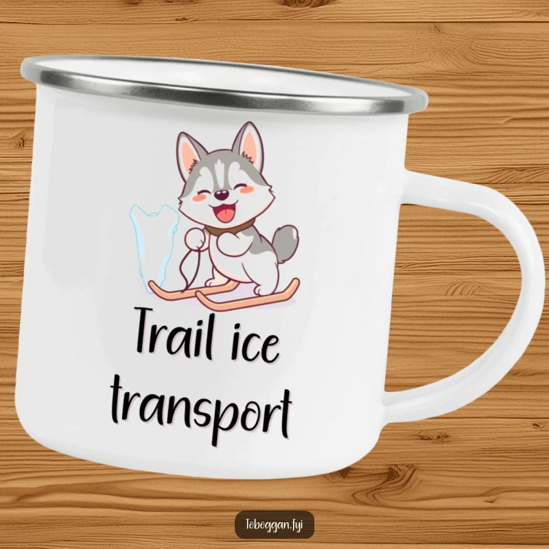 Funny camping mug showing a happy husky comically pulling a giant icicle like a sled, for outdoor laughs.