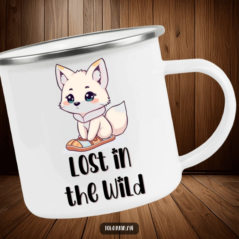 Funny curious arctic fox wearing a snowshoe, looking lost on a sturdy camping mug, ideal for outdoor adventurers who love cute designs.