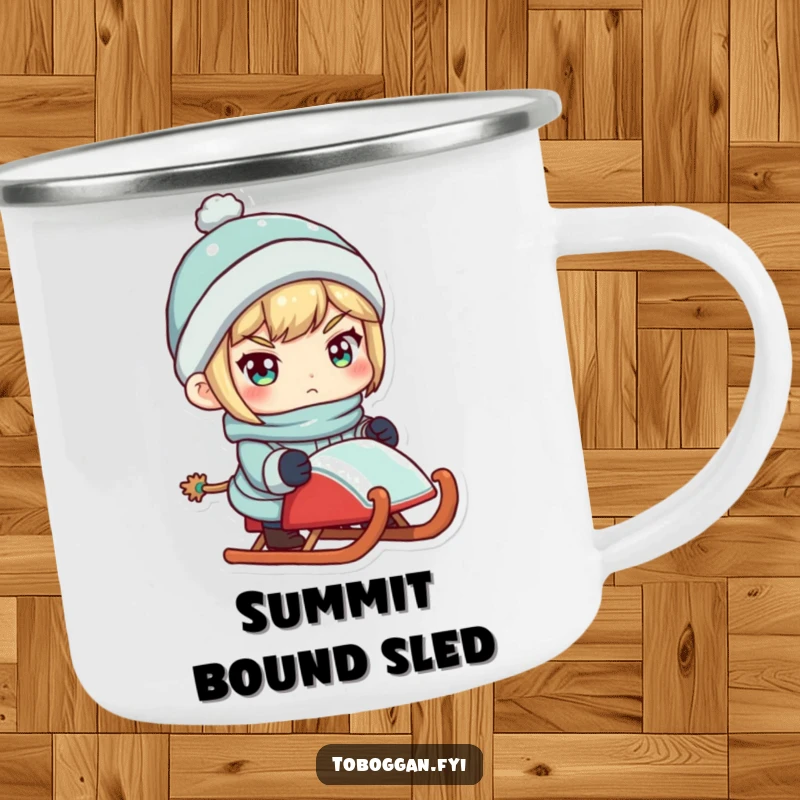 Funny camping mug with a determined character holding a sled, perfect for winter outdoor adventures.