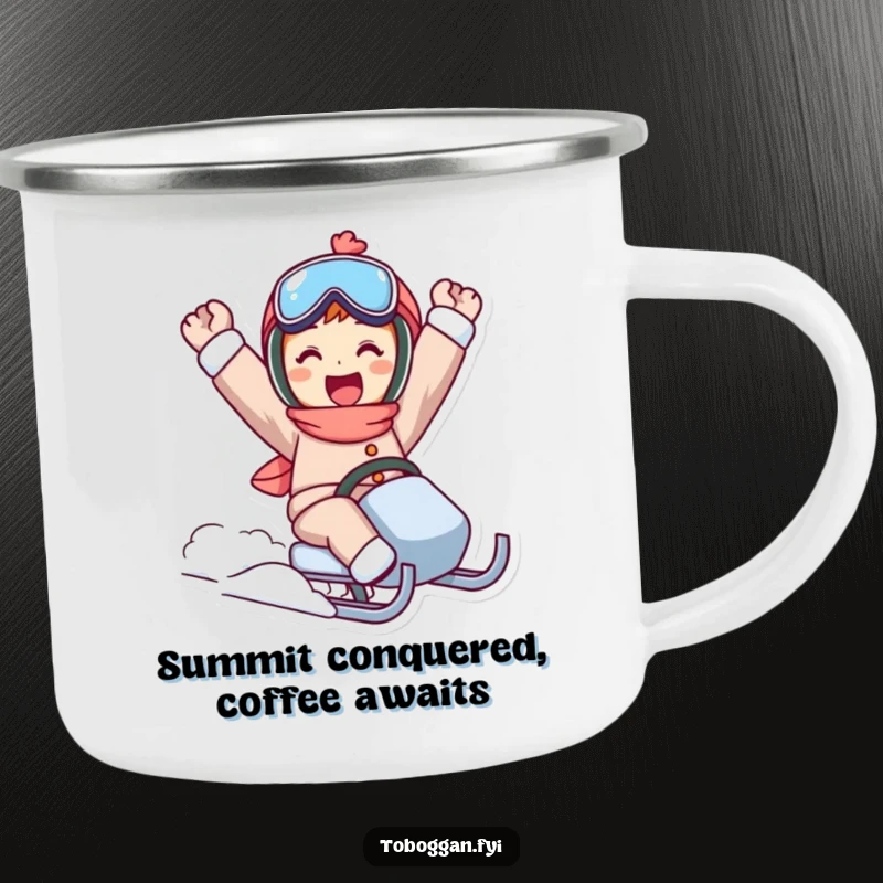 Funny sled ride camping mug featuring a character in a triumphant pose, celebrating winter adventures outdoors.
