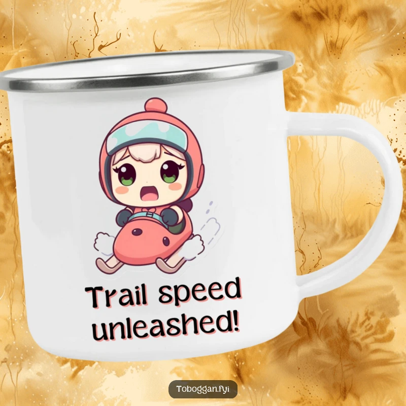 Funny camping mug featuring a shocked character on a fast sled, perfect for humorous outdoor beverage enjoyment.