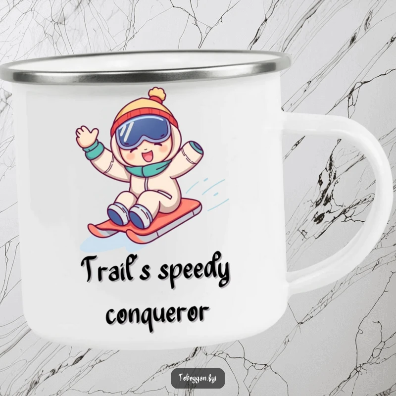 Funny camping mug featuring a character waving joyfully while sledding downhill, evoking outdoor adventure and humorous winter vibes.