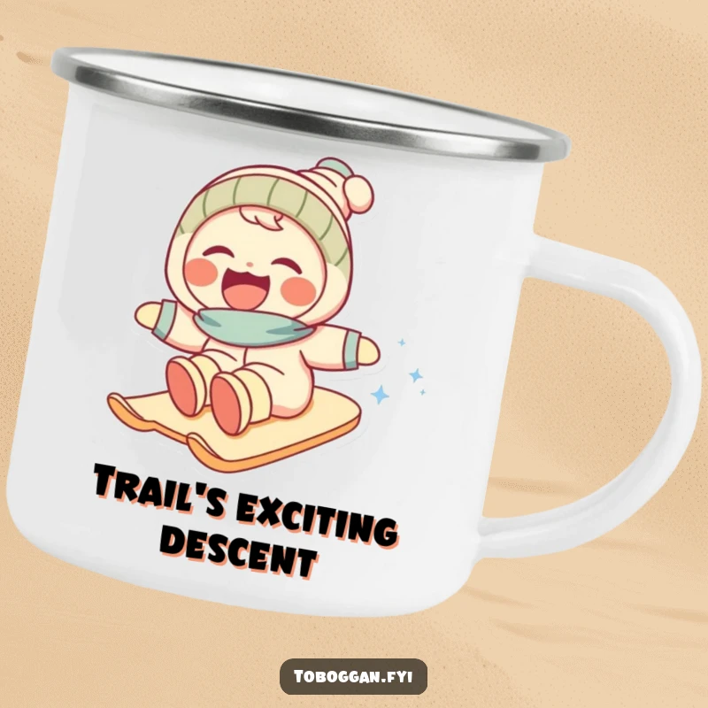 Funny camping mug with a character laughing during a fast snow slide, perfect for durable outdoor use and smiles.